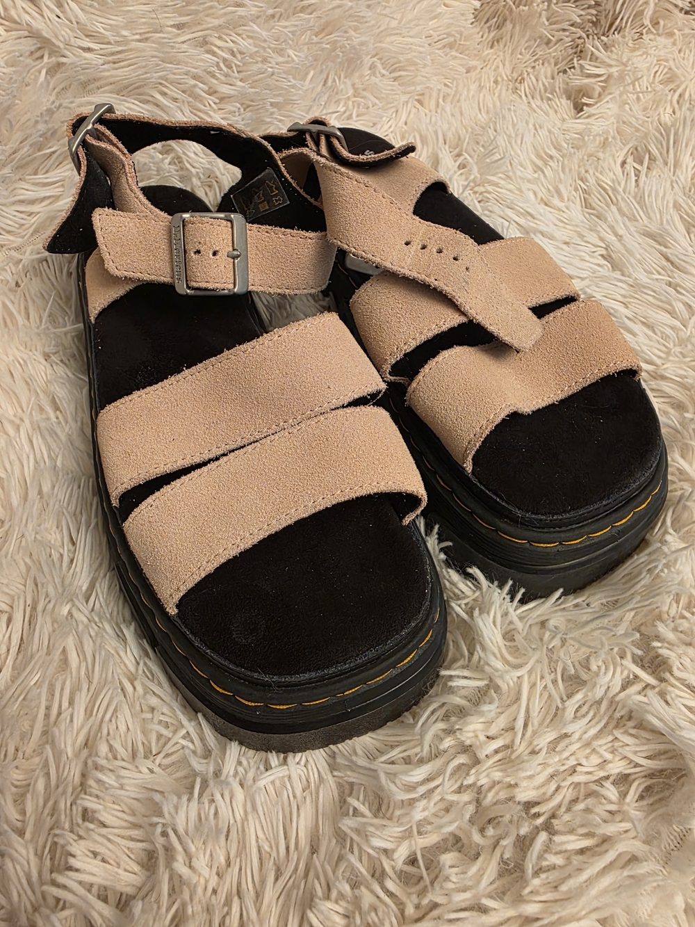 Dr. Martens Beige Suede Strap Platform Sandals